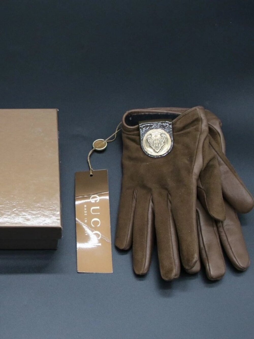 Gucci Crest Leather Suede Kids Gloves One Size - Brown/Gold